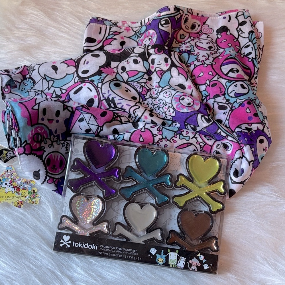 retired discontinued TOKIDOKI eyeshadow make-up CROMATICO set + Neon Stars scarf